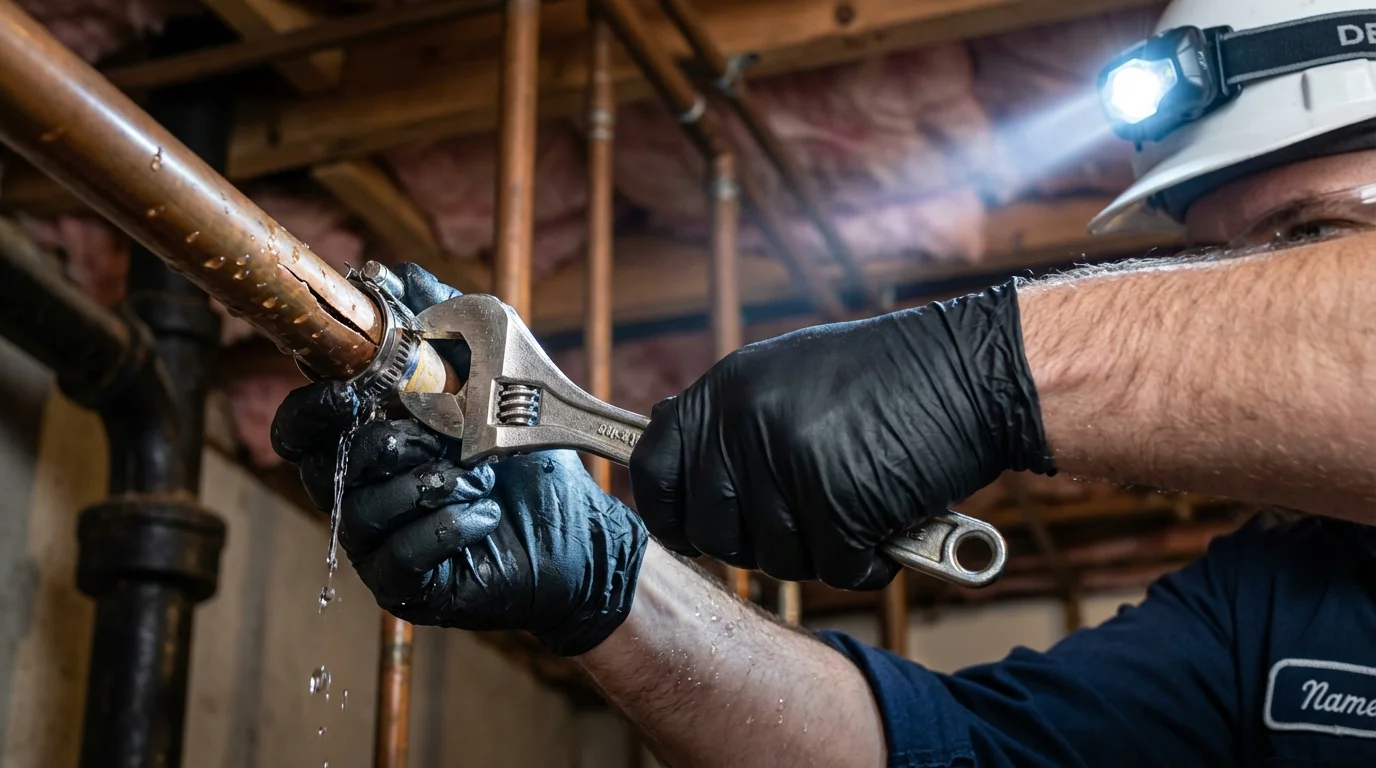Emergency pipe clamp repair being performed by a Johns Plumbing LLC plumber in Chetopa