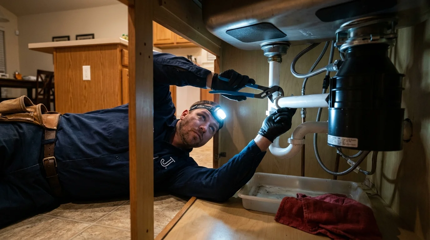 P-trap and supply line connections under a kitchen sink showing a common leak point in Chetopa, KS